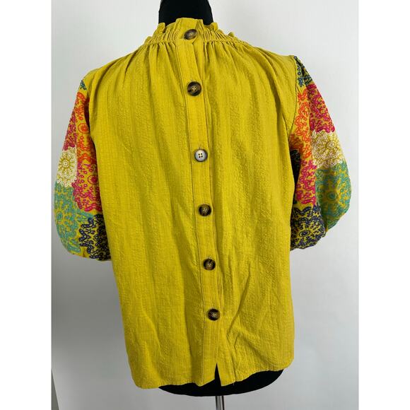 THML Size Large Embroidered Ruffled Mock Neck Top Boho Puff Sleeves Yellow - Picture 3 of 10